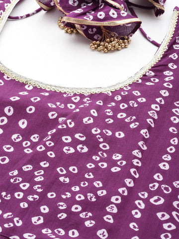 Violet Bandhani Printed Anarkali Kurta Paired With Dupatta